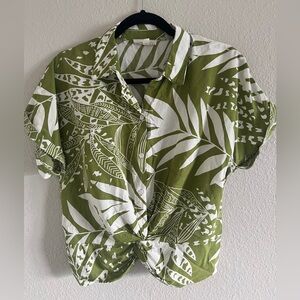 Olive Green Leaf Print Women's Button Down Shirt